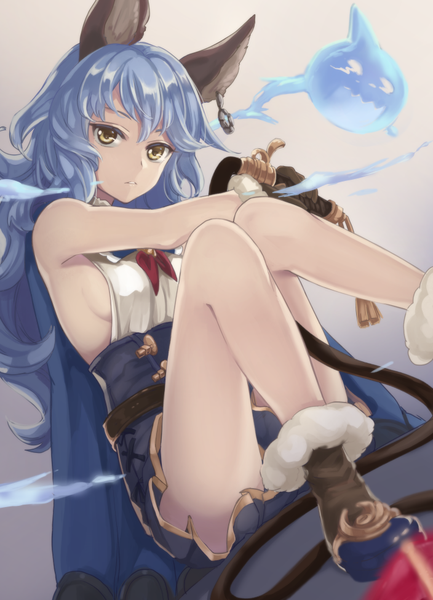 Anime picture 704x975 with granblue fantasy ferri (granblue fantasy) riffey single long hair tall image fringe breasts light erotic hair between eyes sitting bare shoulders animal ears yellow eyes blue hair looking away bent knee (knees) parted lips head tilt armpit (armpits)