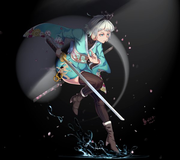 Anime picture 3960x3507 with touhou konpaku youmu myon zuosi zhichu single highres short hair blue eyes simple background signed looking away absurdres full body white hair traditional clothes japanese clothes black background girl thighhighs weapon