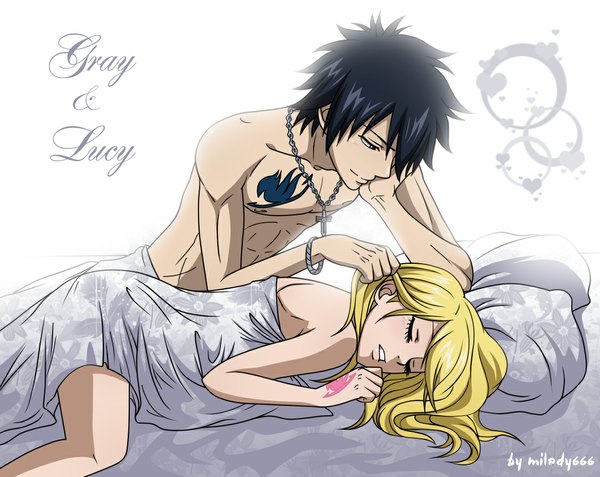 Anime picture 1127x897 with fairy tail lucy heartfilia gray fullbuster milady666 long hair short hair open mouth black hair blonde hair signed lying eyes closed light smile black eyes arm support tattoo couple sleeping muscle girl