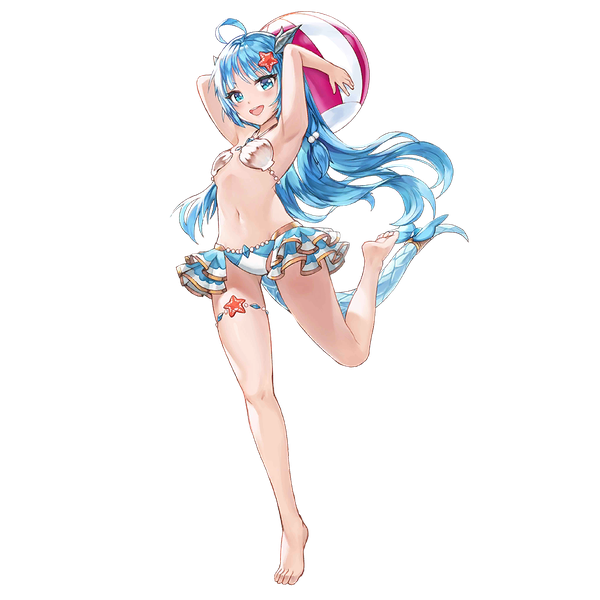 Anime picture 1024x1024 with king's raid lilia (king's raid) tagme (artist) single long hair looking at viewer fringe blue eyes light erotic standing blue hair full body ahoge tail horn (horns) official art bare legs armpit (armpits) loli standing on one leg