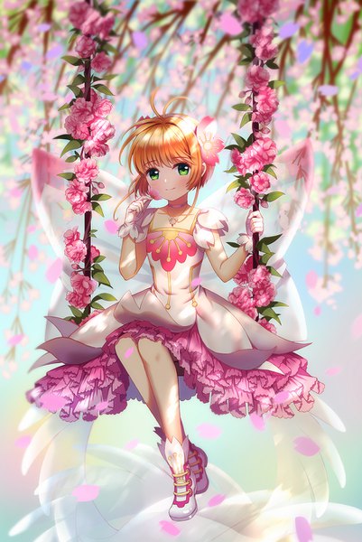 Anime picture 900x1346 with card captor sakura clamp kinomoto sakura heavenlove single tall image blush fringe short hair hair between eyes brown hair sitting holding green eyes ahoge light smile sunlight sleeveless cherry blossoms frilled dress