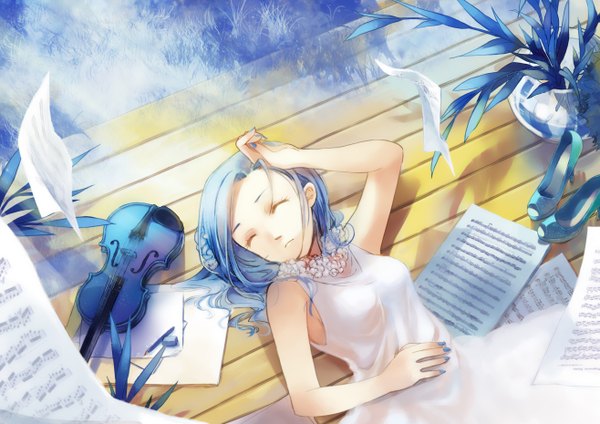 Anime picture 2631x1860 with original aster leo single highres short hair breasts bare shoulders blue hair eyes closed nail polish sleeveless hand on head flying sleeping halterneck body blush girl dress plant (plants) frills