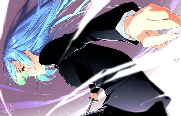 Anime picture 2352x1514 with jujutsu kaisen mappa miwa kasumi omagacchu single long hair fringe highres blue hair looking away profile girl weapon sword katana suit