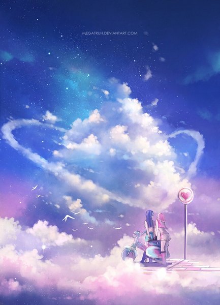 Anime picture 722x1000 with original megatruh long hair tall image standing multiple girls blue hair pink hair cloud (clouds) from behind back flying girl 2 girls animal shorts boots bird (birds) traffic sign