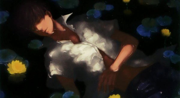 Anime picture 1198x653 with original ame (conronca) short hair brown hair wide image eyes closed dark skin boy flower (flowers) shirt water water lily