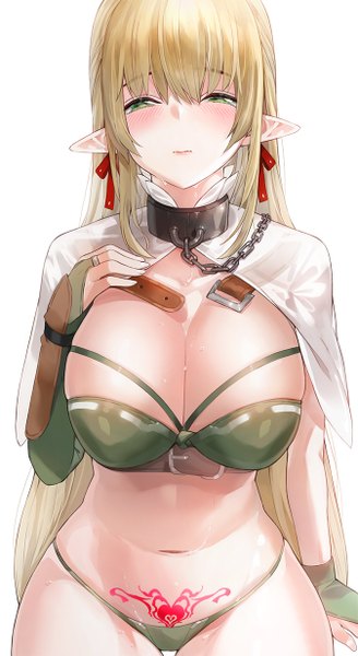Anime picture 673x1230 with original kfr single long hair tall image looking at viewer blush fringe breasts light erotic simple background blonde hair hair between eyes large breasts white background green eyes payot cleavage pointy ears arm support