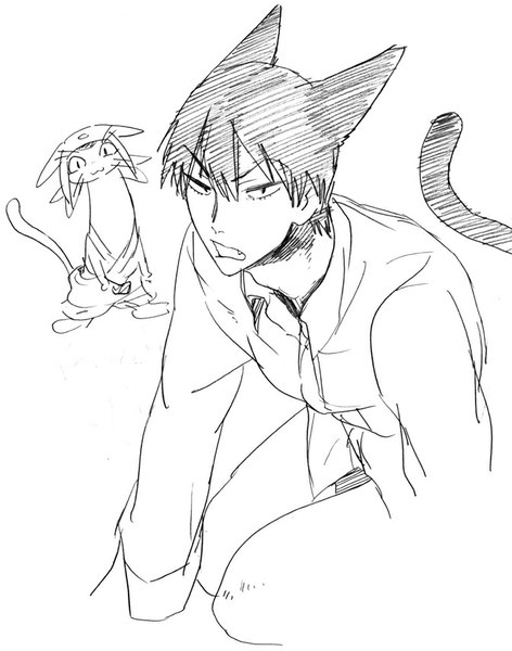 Anime picture 673x855 with yowamushi pedal space dandy studio bones arakita yasutomo meow (space dandy) zkakq tall image looking at viewer short hair open mouth simple background white background animal ears tail animal tail cat ears teeth cat tail fang (fangs) monochrome