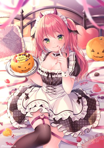 Anime picture 636x900 with taiki (company) inasawa aiki nemuri nemu single long hair tall image looking at viewer blush fringe breasts light erotic hair between eyes sitting twintails green eyes pink hair cleavage head tilt horn (horns) maid