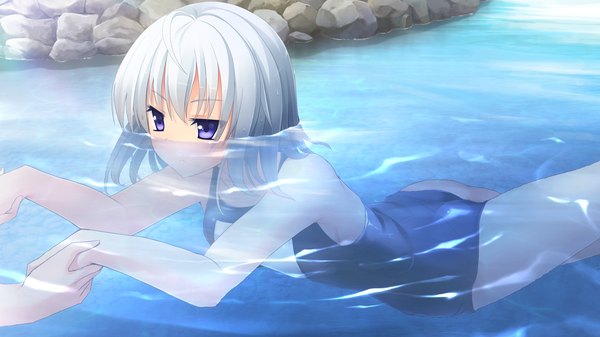 Anime picture 1920x1080 with imouto no katachi meta highres short hair blue eyes wide image game cg white hair girl swimsuit water one-piece swimsuit school swimsuit
