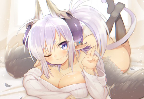 Anime picture 1000x686 with original mofuaki single long hair looking at viewer blush breasts light erotic large breasts purple eyes bare shoulders cleavage purple hair ass lying one eye closed horn (horns) pointy ears wink teeth
