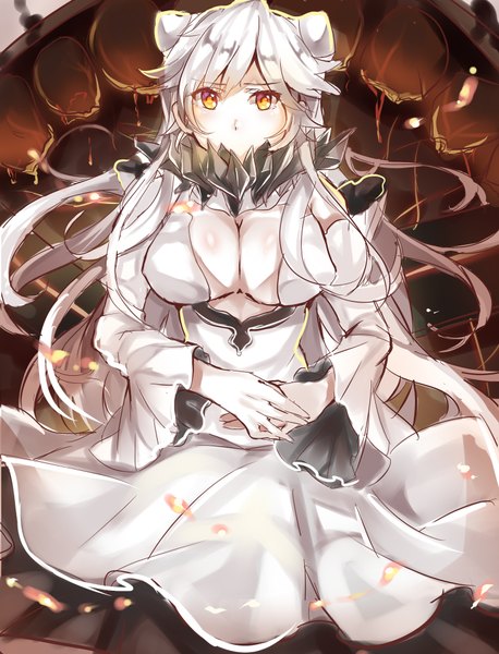 Anime picture 1450x1900 with kantai collection midway hime takitou single long hair tall image looking at viewer blush fringe breasts light erotic large breasts silver hair orange eyes hands clasped frown shinkaisei-kan girl dress white dress