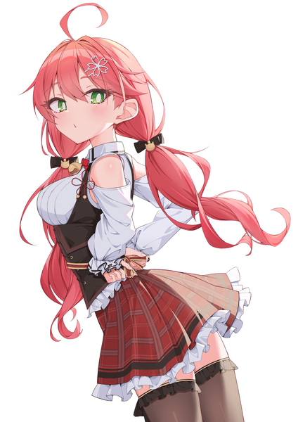 Anime picture 2481x3508 with virtual youtuber hololive sakura miko sakura miko (casual) quarterlift single long hair tall image fringe highres simple background hair between eyes standing white background twintails bare shoulders green eyes ahoge red hair low twintails