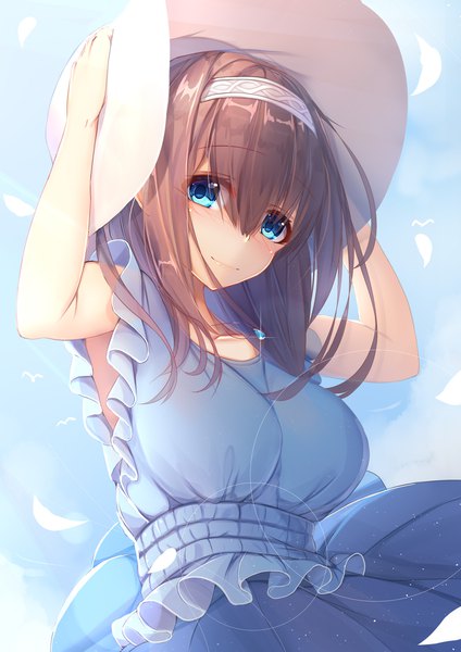 Anime picture 1414x2000 with idolmaster idolmaster cinderella girls idolmaster cinderella girls starlight stage sagisawa fumika if (asita) single long hair tall image looking at viewer blush fringe breasts blue eyes smile hair between eyes brown hair standing sky upper body outdoors