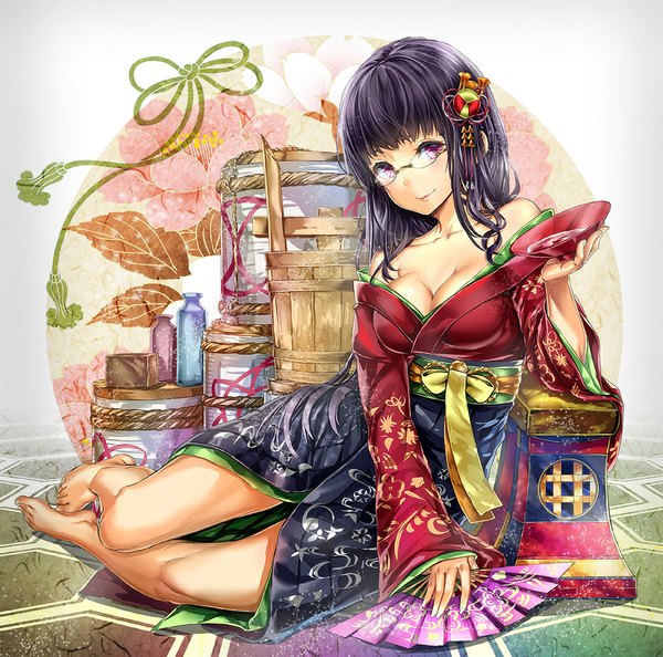 Anime picture 950x942 with original hourainingyou single long hair looking at viewer light erotic black hair smile purple eyes traditional clothes japanese clothes girl hair ornament flower (flowers) glasses kimono fan alcohol sake sakazuki