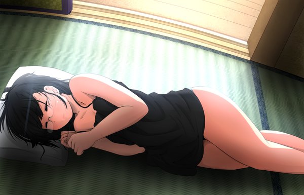 Anime picture 2800x1800 with wakagashira (artist) single highres black hair eyes closed sleeping girl glasses pillow sundress