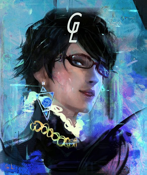 Anime picture 895x1062 with bayonetta bayonetta 2 bayonetta (character) gharly single tall image looking at viewer fringe short hair blue eyes black hair signed lips realistic inscription mole lipstick portrait blue background eyeshadow