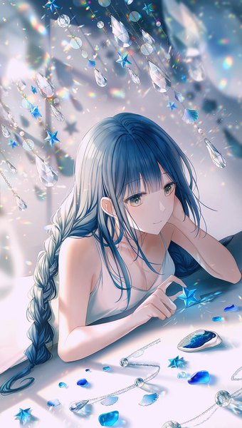 Anime picture 1134x2000 with original lium single long hair tall image blush fringe breasts bare shoulders payot blue hair cleavage lying blunt bangs braid (braids) light smile blurry on back grey eyes dutch angle