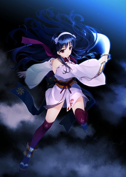 Anime picture 2000x2808 with shoujo shin'iki okushiro yuki hayakawa harui single long hair tall image highres red eyes blue hair game cg traditional clothes girl thighhighs weapon detached sleeves sword hairband katana