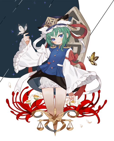 Anime picture 1005x1249 with touhou shikieiki yamaxanadu gwayo single tall image blush short hair blue eyes light erotic looking away green hair light smile wind wide sleeves sparkle skirt flip butterfly on hand girl skirt flower (flowers)