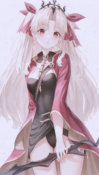 Anime picture 855x1500 with fate (series) fate/grand order ereshkigal (fate) jwk single long hair tall image looking at viewer blush fringe breasts light erotic simple background blonde hair red eyes standing white background holding cleavage parted lips