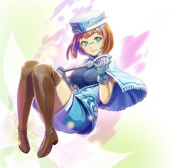 Anime picture 1224x1200 with original iceojin single looking at viewer fringe short hair breasts smile brown hair white background green eyes girl skirt gloves glasses cloak cap key