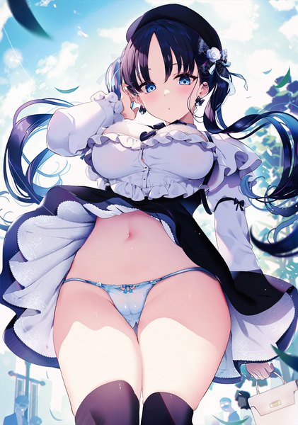 Anime-Bild 1305x1860 mit original kat (bu-kunn) long hair tall image looking at viewer blush fringe breasts blue eyes light erotic black hair large breasts standing twintails sky cloud (clouds) outdoors long sleeves arm up wind