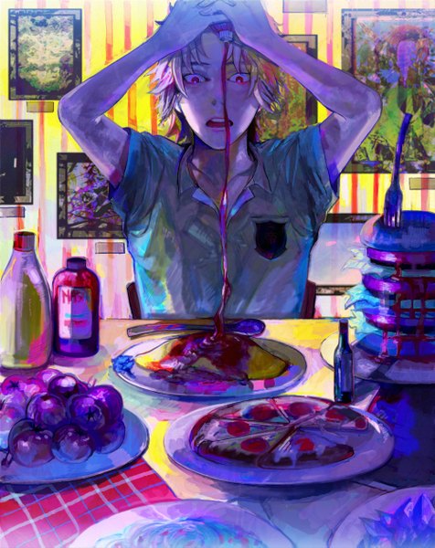 Anime picture 1000x1261 with prince of tennis akutagawa jirou kusari n ba (kigou) single tall image short hair open mouth blonde hair red eyes arms up teeth striped striped background boy food plate picture fork spoon pizza