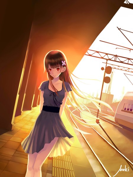 Anime-Bild 2500x3334 mit sankarea studio deen sanka rea moki (pixiv) single long hair tall image looking at viewer highres red eyes brown hair standing hair flower evening sunset girl hair ornament flower (flowers) sundress train