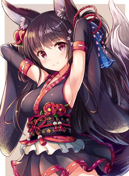 Anime picture 1098x1500 with original sakura ani single long hair tall image looking at viewer blush breasts light erotic black hair simple background smile red eyes large breasts animal ears tail animal tail pleated skirt hair flower grey background