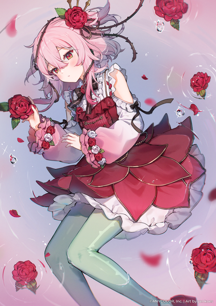 Anime picture 1488x2105 with virtual youtuber nijisanji nijisanji en rosemi lovelock rosemi lovelock (1st costume) yenkoes single tall image blush fringe short hair hair between eyes red eyes bare shoulders looking away pink hair hair flower one side up partially submerged afloat