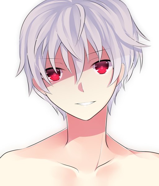 Anime picture 1300x1522 with mirai nikki akise aru achiki single tall image looking at viewer short hair simple background smile red eyes white background grey hair shaded face boy