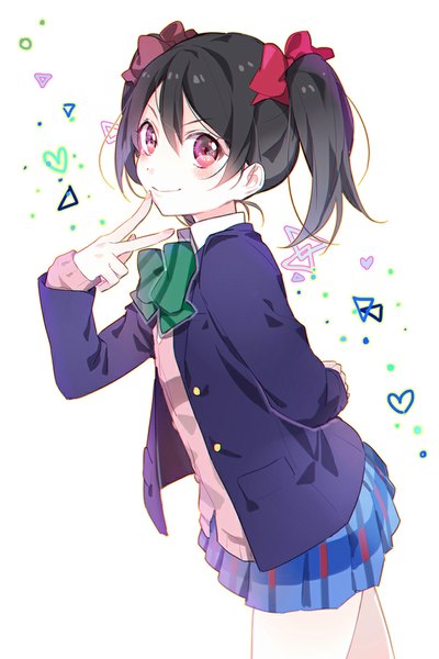 Anime picture 700x1050 with love live! school idol project sunrise (studio) love live! yazawa nico tyuh (pixiv) single tall image looking at viewer blush short hair black hair simple background smile white background twintails pink eyes finger to mouth short twintails victory girl