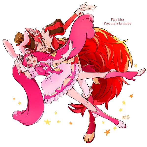 Anime picture 1687x1691 with precure kirakira precure a la mode toei animation usami ichika kenjou akira cure whip cure chocolat ksyjkysk long hair tall image short hair open mouth simple background red eyes white background multiple girls animal ears pink hair full body red hair