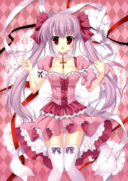 Anime picture 2502x3530 with mitha single long hair tall image highres light erotic red eyes twintails purple hair lolita fashion girl thighhighs dress ribbon (ribbons) hair ribbon white thighhighs toy stuffed animal cross bunny