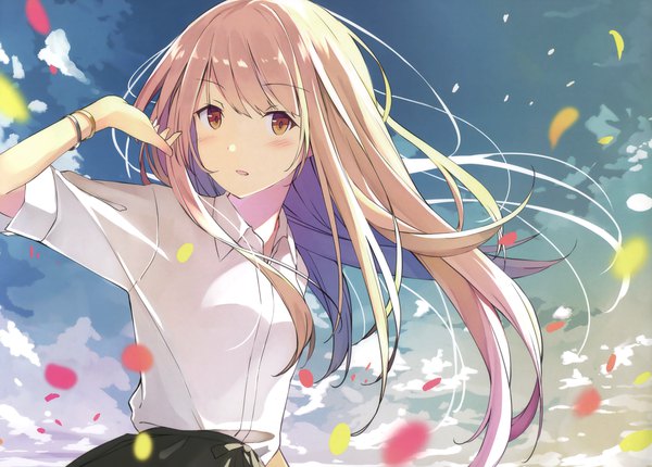 Anime picture 3867x2775 with original sutorora single long hair looking at viewer blush highres blonde hair brown eyes absurdres sky cloud (clouds) upper body wind scan girl shirt petals bracelet white shirt