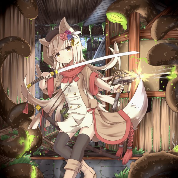 Anime picture 1080x1080 with original hinbackc single long hair looking at viewer fringe blonde hair standing holding animal ears yellow eyes tail blunt bangs animal tail hair flower wide sleeves short sleeves fox ears fox tail fox girl