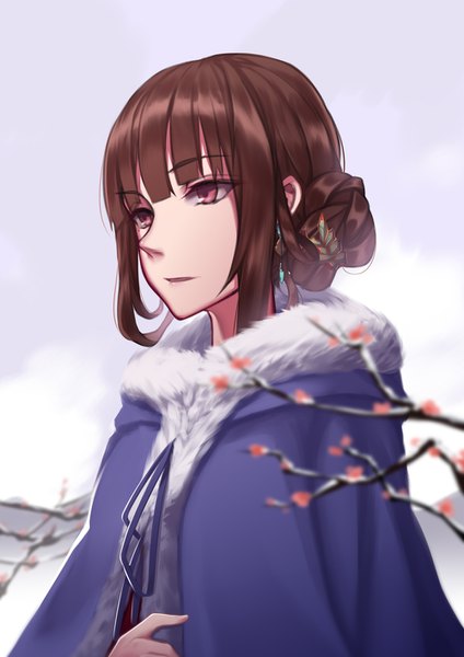 Anime picture 1000x1414 with warship girls r yat sen (warship girls r) zhixiang zhi single long hair tall image fringe red eyes brown hair looking away cloud (clouds) upper body blunt bangs hair bun (hair buns) fur trim winter bare tree girl hair ornament plant (plants)