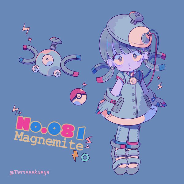 Anime picture 1923x1923 with pokemon nintendo magnemite mameeekueya single looking at viewer highres simple background standing signed full body head tilt grey background character names twitter username gen 1 pokemon personification pokemon number girl robot