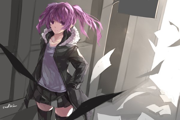 Anime picture 2125x1417 with elsword swd3e2 single long hair looking at viewer highres purple eyes twintails signed purple hair zettai ryouiki hands in pockets girl thighhighs skirt black thighhighs jacket