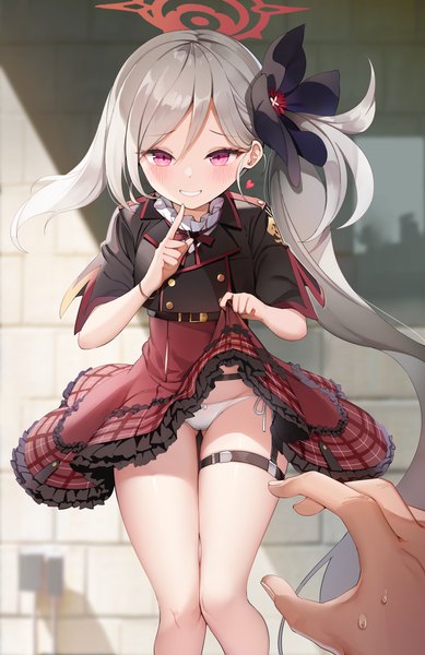 Anime picture 1618x2497 with blue archive mutsuki (blue archive) jehyun tall image looking at viewer light erotic smile silver hair very long hair pink eyes grin side ponytail finger to mouth solo focus skirt lift pov knees touching brick wall girl skirt