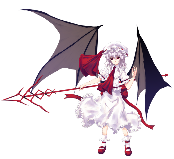 イラスト 2000x1833 と 東方 レミリア・スカーレット asagi shii ソロ カメラ目線 highres 短い髪 笑顔 赤い目 white hair transparent background bat wings 女の子 ドレス スカート 武器 ソックス 白いソックス ボンネット スカートセット