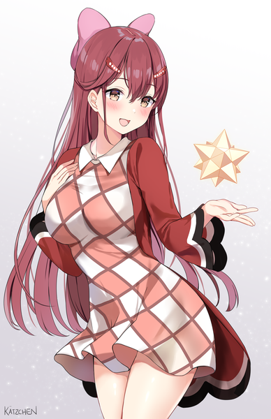 Anime picture 5457x8433 with animal crossing fuuko (doubutsu no mori) kaetzchen single long hair tall image blush fringe highres open mouth simple background smile hair between eyes standing brown eyes signed looking away absurdres red hair long sleeves
