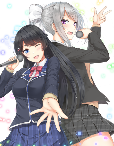 Anime picture 1840x2355 with virtual youtuber nijisanji tsukino mito higuchi kaede primamiya long hair tall image blush fringe highres open mouth blue eyes black hair standing purple eyes multiple girls holding payot silver hair ponytail