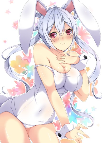Anime picture 1100x1539 with phantasy star phantasy star online 2 sega matoi (pso2) milkpanda single long hair tall image looking at viewer blush breasts light erotic smile red eyes animal ears white hair bunny ears bunny girl floral background girl