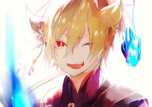 Anime picture 1200x848 with original poni (rito) single looking at viewer fringe short hair open mouth blonde hair hair between eyes red eyes white background animal ears one eye closed wink face boy