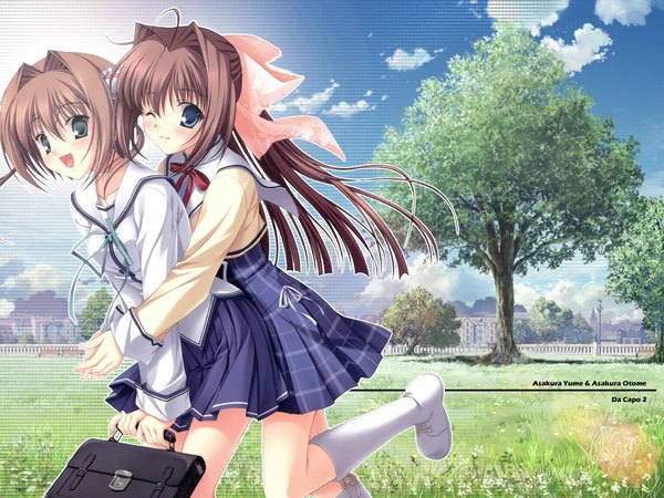 Anime picture 1152x864 with da capo da capo ii asakura yume asakura otome long hair blush brown hair cloud (clouds) hair bun (hair buns) wallpaper flower (flowers) plant (plants) tree (trees) bag school bag bun cover