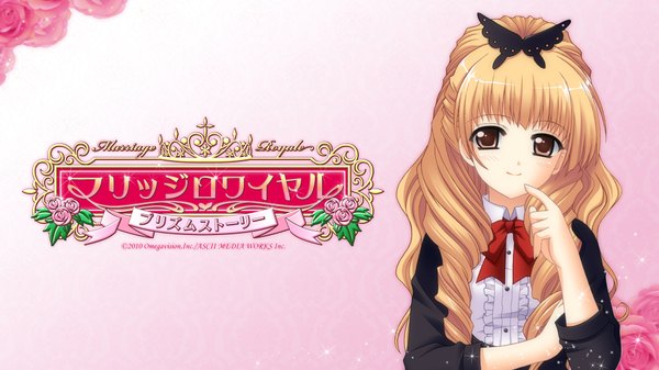 Anime picture 1920x1080 with marriage royale uwajima iyo nishimata aoi single long hair looking at viewer fringe highres blonde hair smile wide image brown eyes ponytail wallpaper finger to mouth girl hair ornament