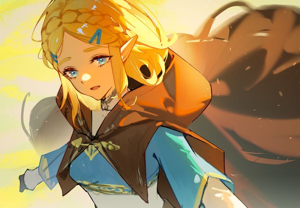Anime picture 1728x1199 with the legend of zelda the legend of zelda: breath of the wild nintendo princess zelda j fang single highres short hair open mouth blue eyes blonde hair upper body braid (braids) :d pointy ears spread arms crown braid girl cape bobby pin