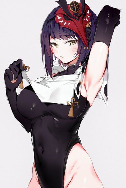 Anime picture 2000x2980 with genshin impact kujou sara silver (chenwen) single tall image blush highres short hair breasts light erotic black hair simple background large breasts standing yellow eyes grey background armpit (armpits) covered navel arm behind head sweatdrop