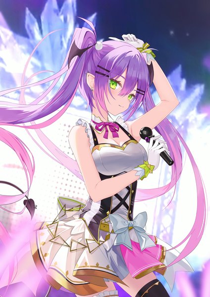 Anime picture 2480x3508 with virtual youtuber hololive tokoyami towa jiang ye kiri single long hair tall image fringe highres breasts hair between eyes large breasts standing twintails bare shoulders holding green eyes purple hair tail multicolored hair